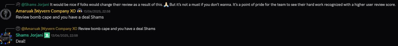 Arrowhead CEO Shams Jorjani discussing Helldivers 2's review bomb cape on Discord.